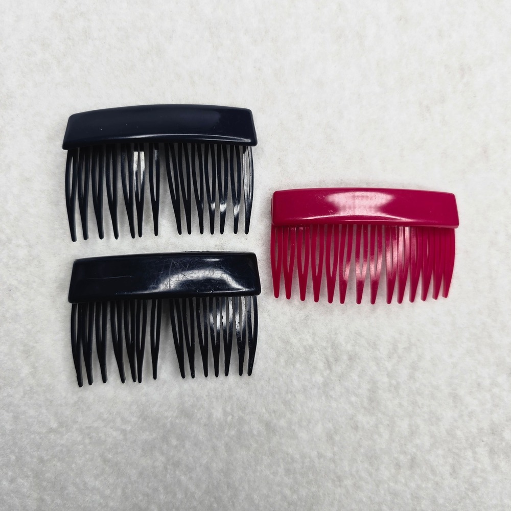 Vintage France Hair Side Tuck Combs Navy Blue Raspberry Plastic Accessory
